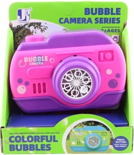 Battery-powered camera-shaped bubble blower