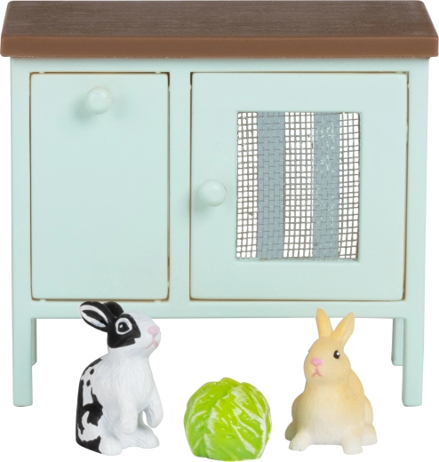 Lundby küülikud koos küülikumaja ja salatiga nukumajja