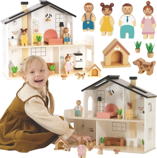 Tooky Toy wooden dollhouse with accessories and family (20 pcs)