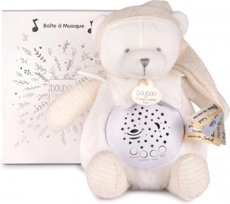 Doudou et Compagnie muusikaline öölamp tähtede projektsiooniga, valge kaisukaru – kingikomplekt