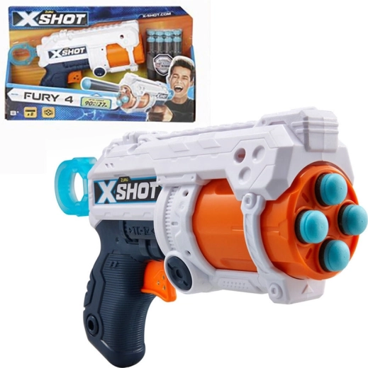 X-Shot Excel Fury 4 pistol with rotating drum and 16 foam darts