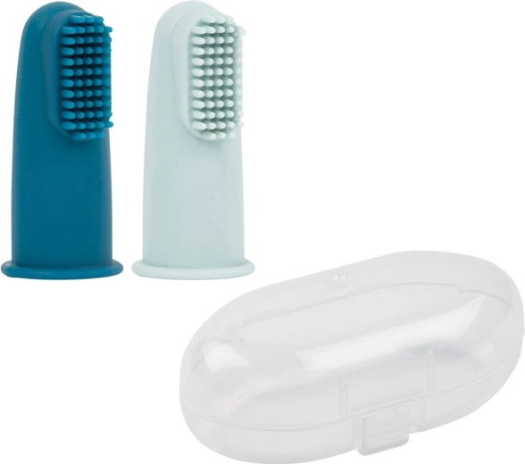 Nattou silicone finger toothbrush with case, petrol blue/aqua blue, 2 pcs