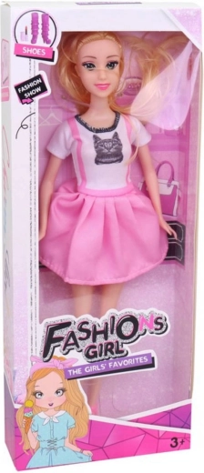 Fashion doll 29 cm in pink summer dress with a kitten