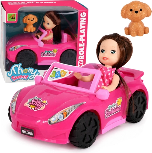 Mini doll in a pink convertible with a puppy