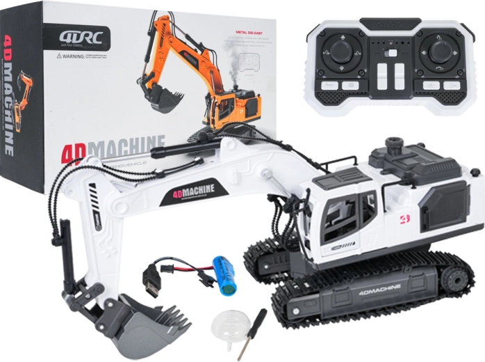 R/C tracked excavator remote-controlled with smoke, lights and sound, white
