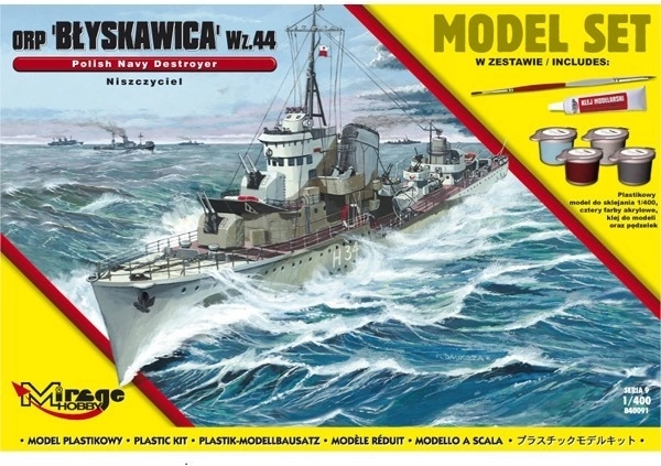 ORP Błyskawica – Poola Teise maailmasõja aegne torpeedohävitaja, liimimiseks mõeldud mudel 1:400 koos värvikomplektiga