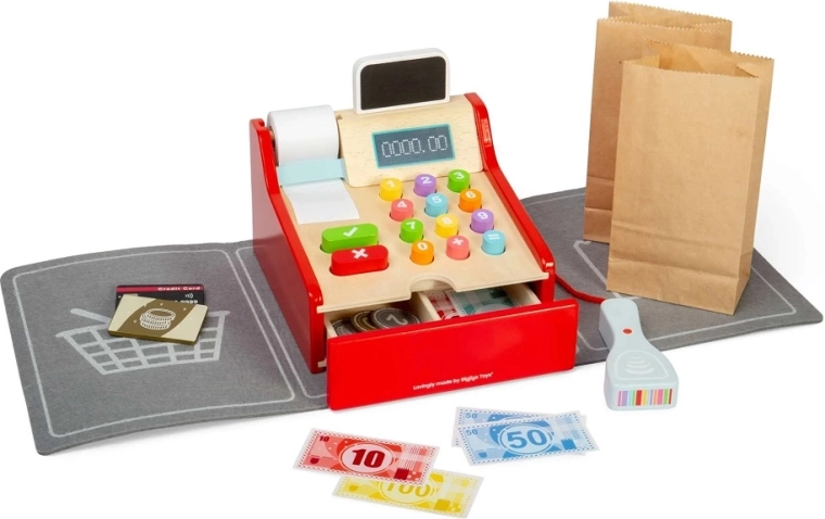 Puidust laste kassaaparaat BIGJIGS TOYS koos tarvikutega
