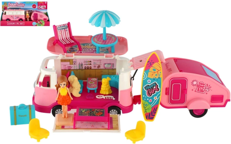 Retro Motorhome with Trailer and Doll