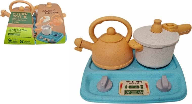 Kitchen set with stove, teapot and pot made from wheat straw