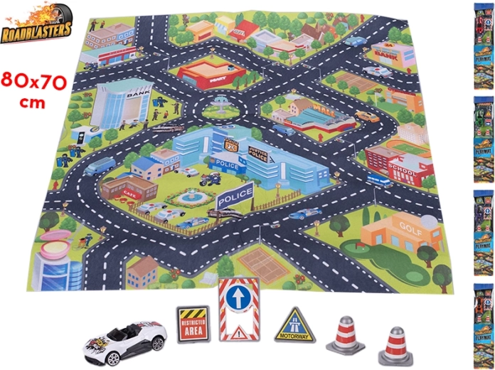 Liiklusmatt Roadblasters 80 × 70 cm koos autokesega ja liiklusmärkidega