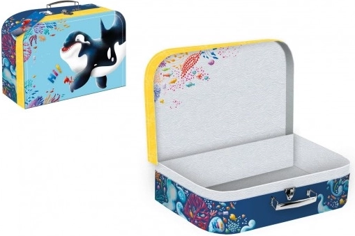 Koolipaberist kohver mõõkvaala motiiviga