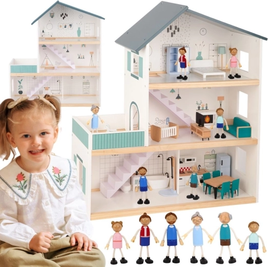 TOOKY TOY puidust nuku­maja figuuridega, 3 korrust, FSC