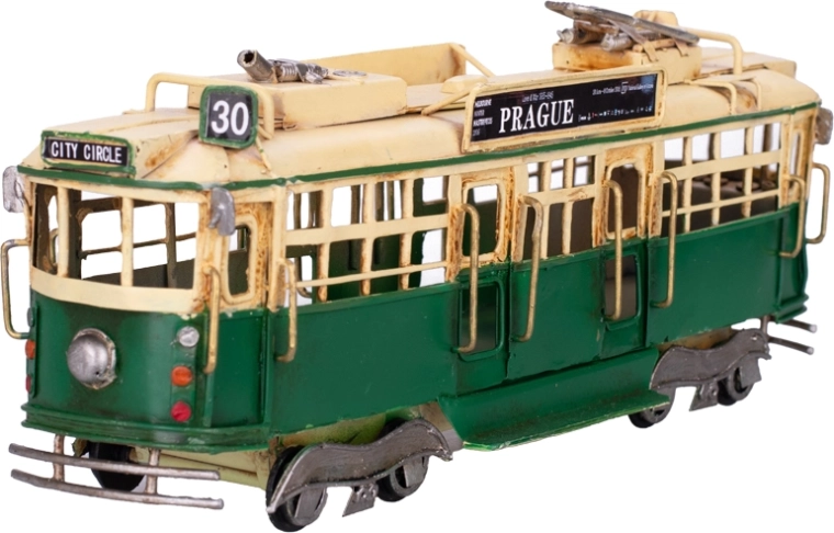 Praha trammivaguni metallmudel – roheline vintage-dekoratsioon vabalt veerevate ratastega