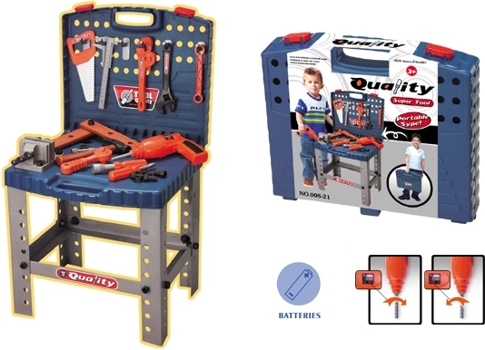 Laste kohvriga töölaud tööriistade ja elektritrelliga