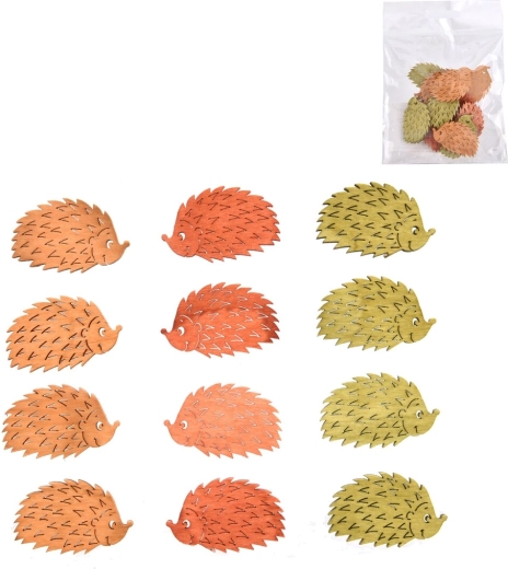 Wooden hedgehog decoration 4 cm, mix of 3 colors, 12 pcs