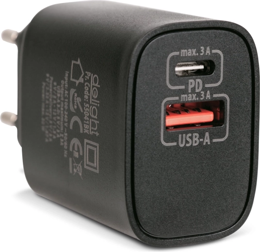 USB-A ja USB-C PD 20 W võrgulaadija kiire laadimisega, must