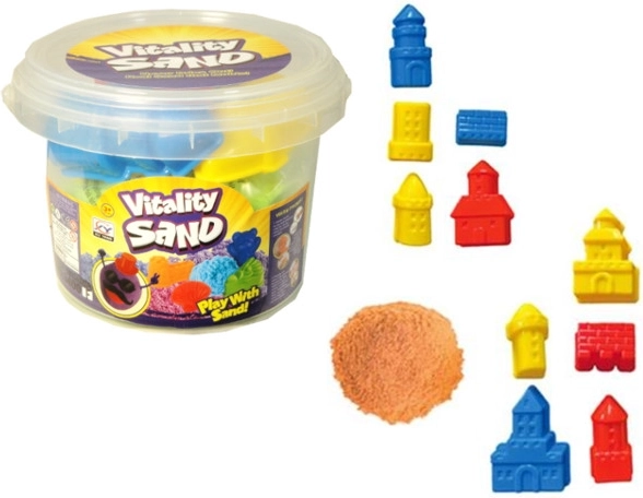 Kinetic sand in a bucket with a set of molds
