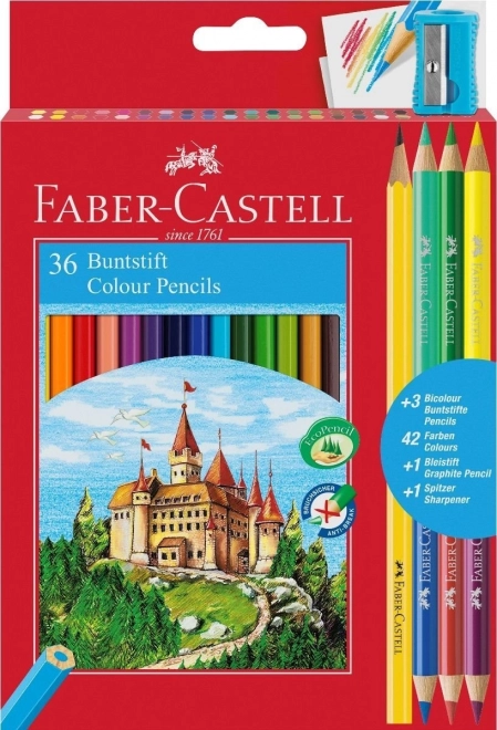 Faber-Castell värvipliiatsid 36 tk koos teritaja, grafiitpliiatsi ja duo-pliiatsitega