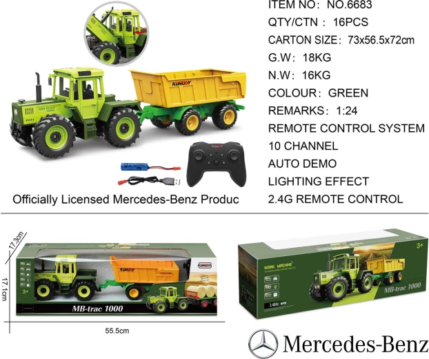 Kaugjuhitav roheline Mercedes-Benzi traktor kollase haagisega mõõtkavas 1:24