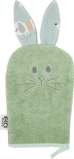 EKO cotton washcloth with ears, Bunny, olive green, 20 × 15 cm
