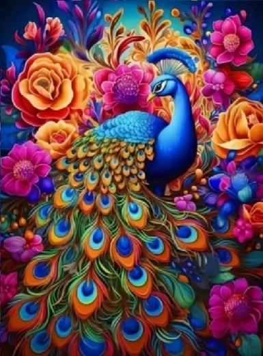 Teemanttikand pavo koos värviliste lilledega 30 × 40 cm