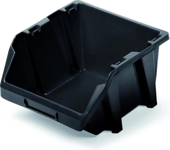 Plastic stackable storage bin with open front, black, 144 × 118 × 84 mm