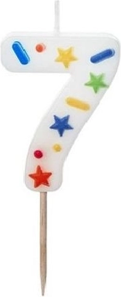 Sünnipäevaküünal number 7, valge konfettidega, 5,5 cm