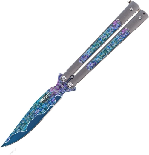 Kokkupandav JOKER Butterfly balisong-nuga, 10,8 cm, täismetallist, vikerkaaredekor