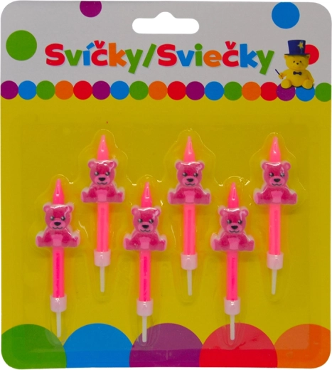 Birthday candles with a pink teddy on holders, 6 pcs