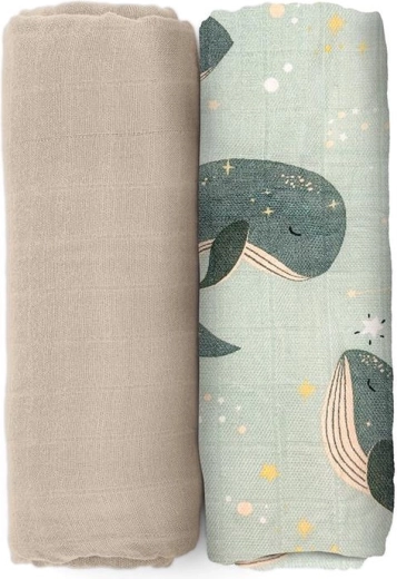 Petite&Mars bamboo muslin swaddles Misty whale song 120 × 120 cm (2 pcs)