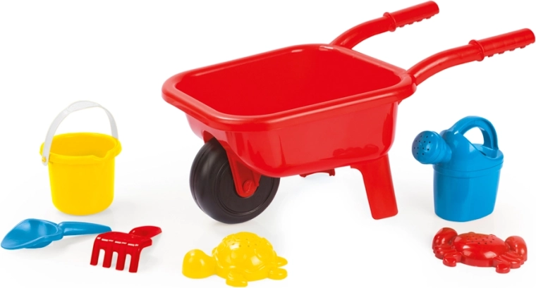 Punane plastist laste liivakäru koos 7-osalise komplektiga
