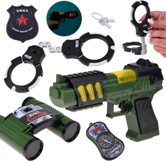 Little SWAT police officer set with a light-and-sound pistol, binoculars and handcuffs