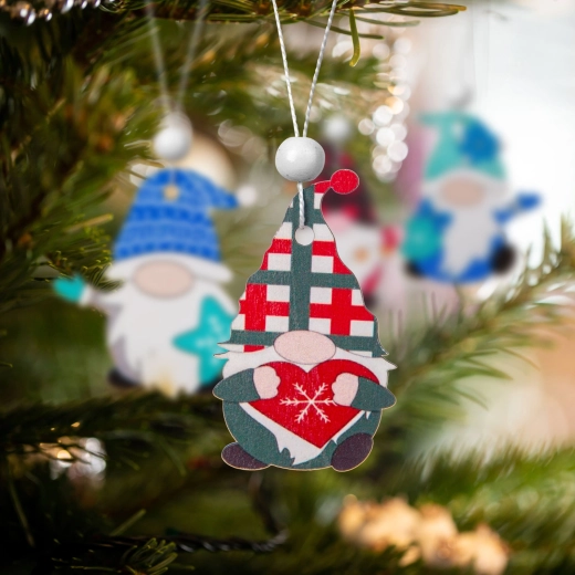 Set of Wooden Hanging Christmas Gnome Decorations, 12 pcs