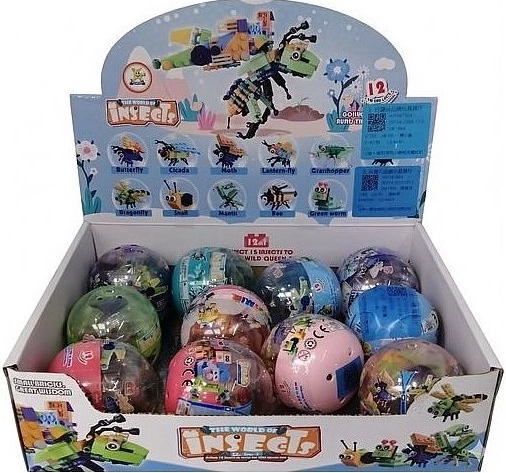 Mini ehituskomplekt putukatega läbipaistvas plastkuulis (12 tk müügistendis)