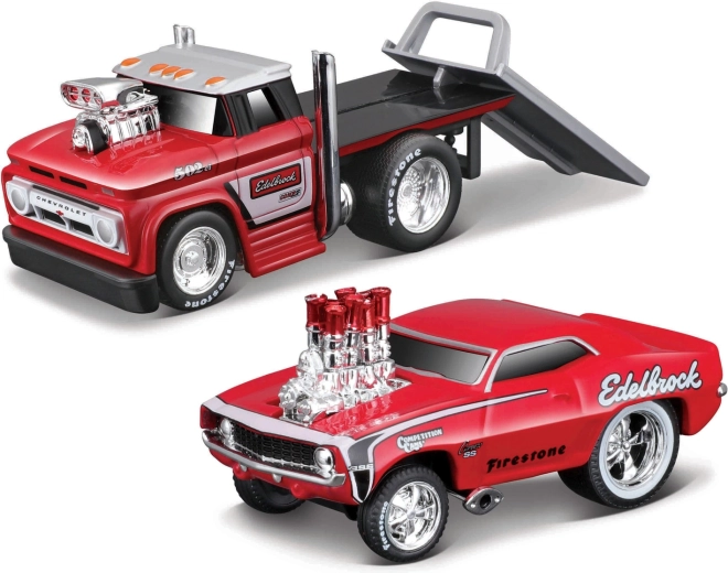 Maisto Muscle Transports 1966 Chevrolet C60 Flatbed koos 1969 Chevrolet Camaro SS 1:64