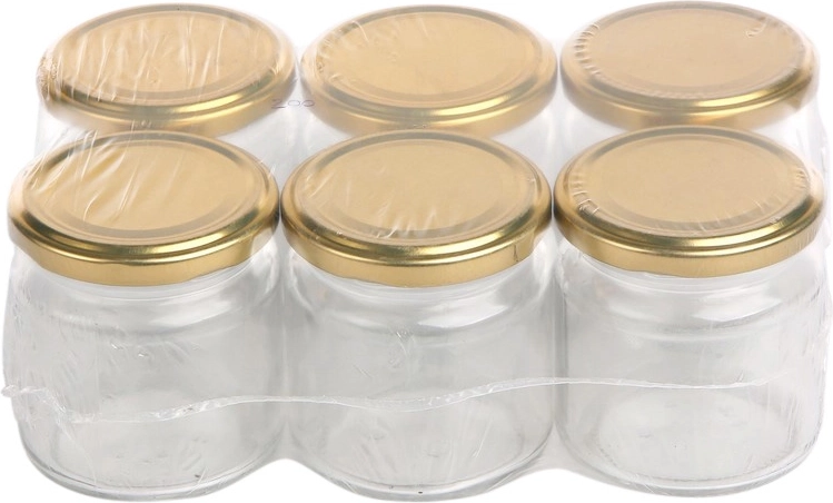 Komplekt 6 klaasist hoidistamispurki 200 ml kuldsete kaantega 66 mm