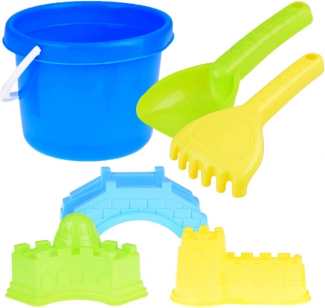 Beach sand set with bucket, shovel, rake, and molds