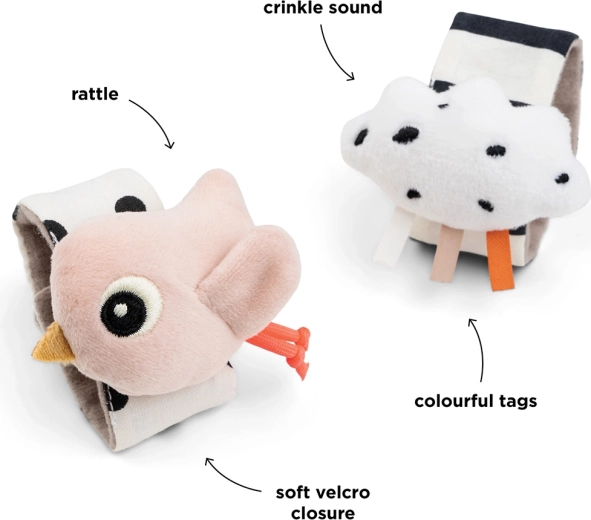 Done by Deer Happy clouds wrist rattles, pink - 2 pcs