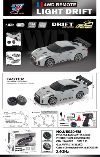 R/C drift car 1:20 with lights, grey - 1 piece