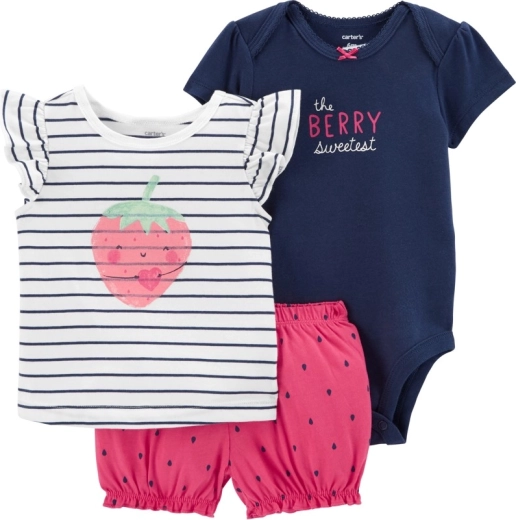 Carter’s 3-osaline beebikomplekt Strawberry Stripes – bodi, T-särk ja lühikesed püksid
