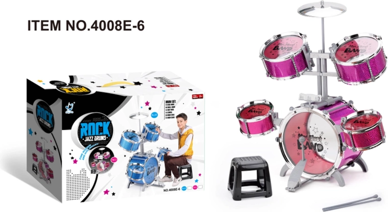 Large kids' drum kit Rock Band pink with stool