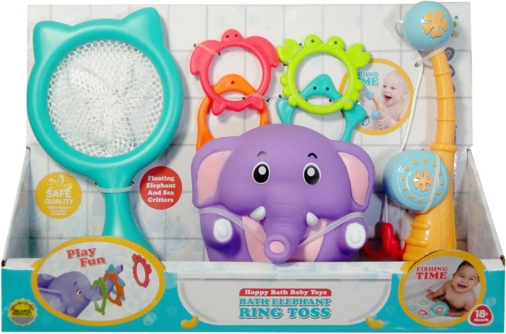 Bath toy elephant with rings and scooping net