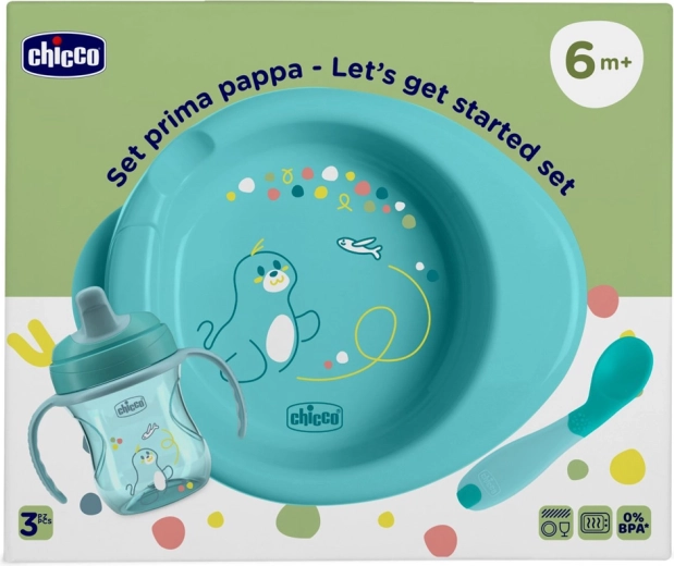 Chicco söötmise stardikomplekt – taldrik, treeningtops ja lusikas, sinine 6k+