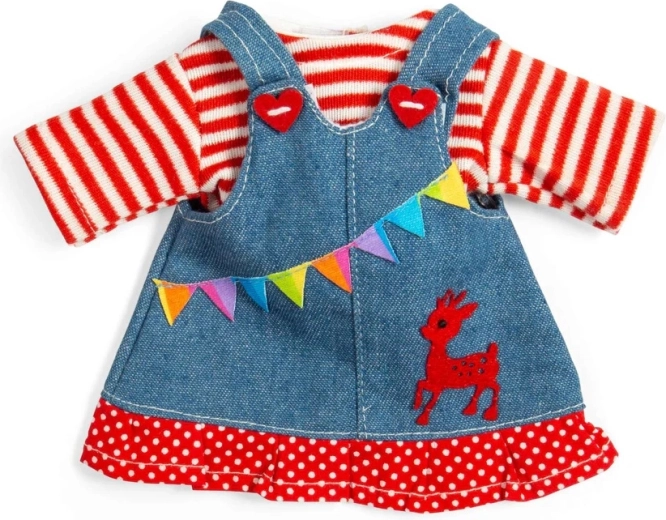 Bigjigs Toys denim pinafore dress with a striped T-shirt for a 28 cm doll