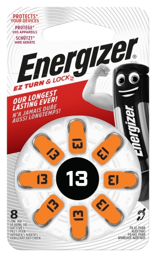 Energizer button cell hearing aid batteries 13, 1.4 V, pack of 8