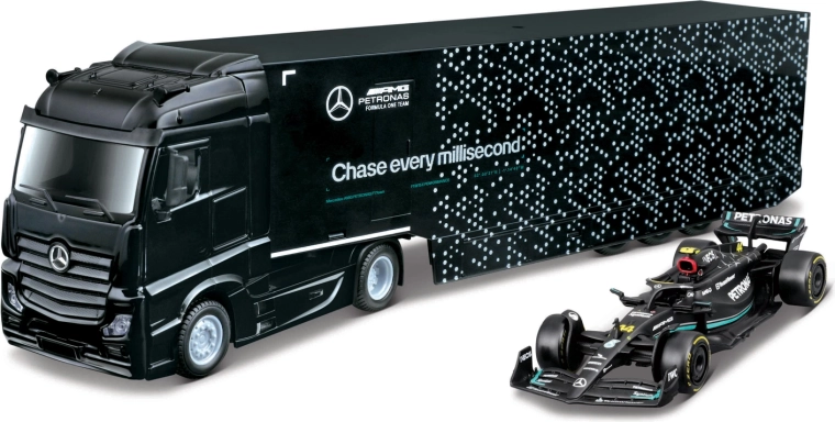 Bburago veoauto haagisega F1 transpordiks ja Mercedes-AMG Petronas W15 (2024) George Russell mudel 1:43