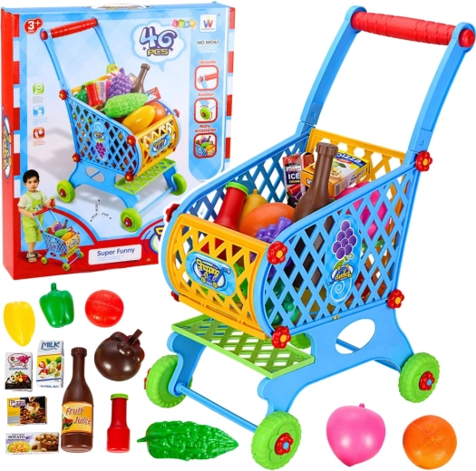Children’s shopping cart with groceries, blue, 52 cm, 46 pieces