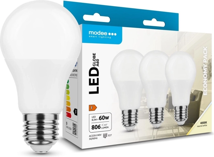 Modee LED Bulb Globe A60 8.5 W E27, 806 lm, neutral white, pack of 3