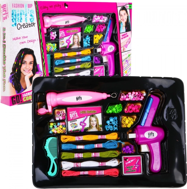 2in1 laste juuksepärlite ja käevõrude komplekt 5+ koos niidistajate ja patsi­punumismasinatega