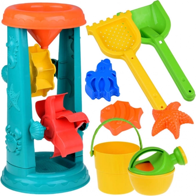 Suur liivamänguasjade komplekt ämbriga, reha ja veerattaga